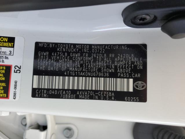 4T1G11AK0NU679636 - 2022 TOYOTA CAMRY SE WHITE photo 12