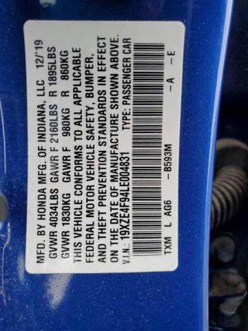 19XZE4F94LE004831 - 2020 HONDA INSIGHT TOURING BLUE photo 13