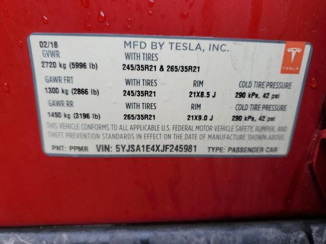 5YJSA1E4XJF245981 - 2018 TESLA MODEL S RED photo 12