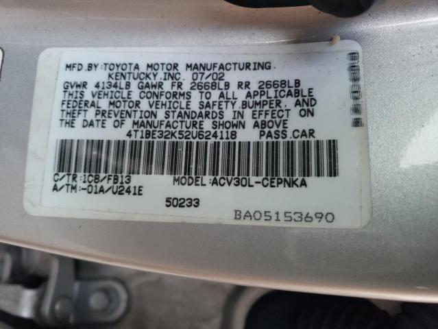 4T1BE32K52U624118 - 2002 TOYOTA CAMRY LE SILVER photo 12