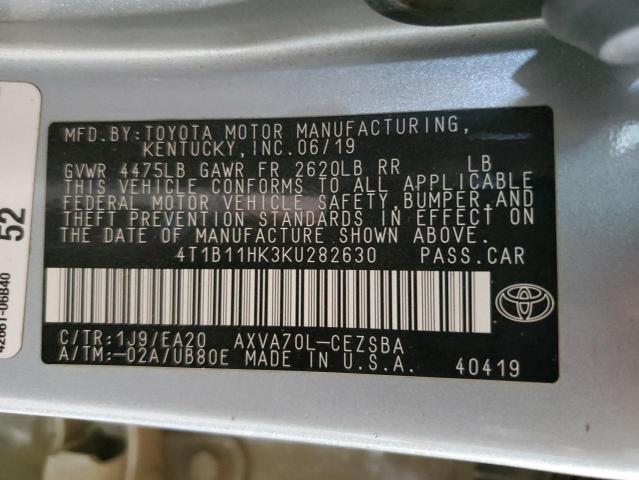 4T1B11HK3KU282630 - 2019 TOYOTA CAMRY L SILVER photo 12