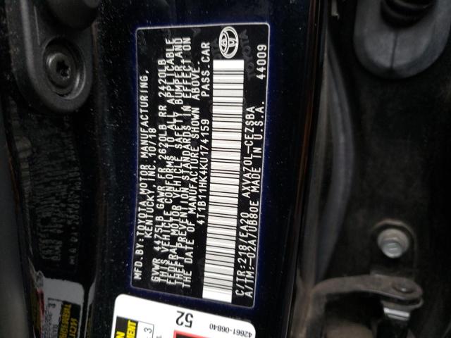 4T1B11HK4KU174159 - 2019 TOYOTA CAMRY L BLACK photo 12