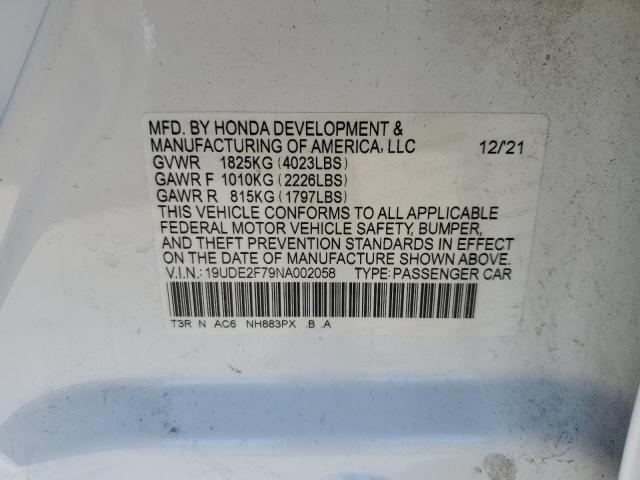 19UDE2F79NA002058 - 2022 ACURA ILX PREMIUM WHITE photo 12