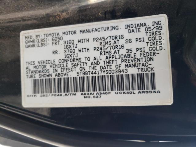 5TBBT4417YS003943 - 2000 TOYOTA TUNDRA ACCESS CAB შავი ფოტო 12