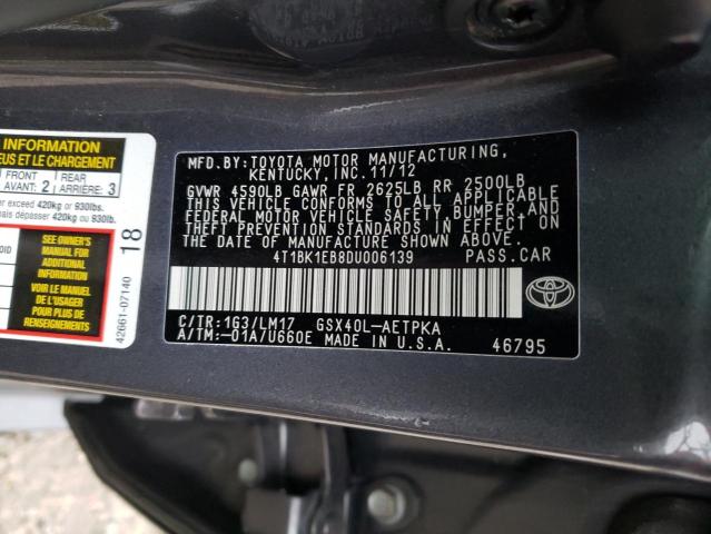 4T1BK1EB8DU006139 - 2013 TOYOTA AVALON BASE 灰色 照片 12