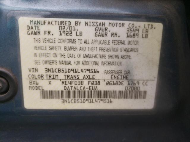 3N1CB51D91L479516 - 2001 NISSAN SENTRA XE BLUE photo 13