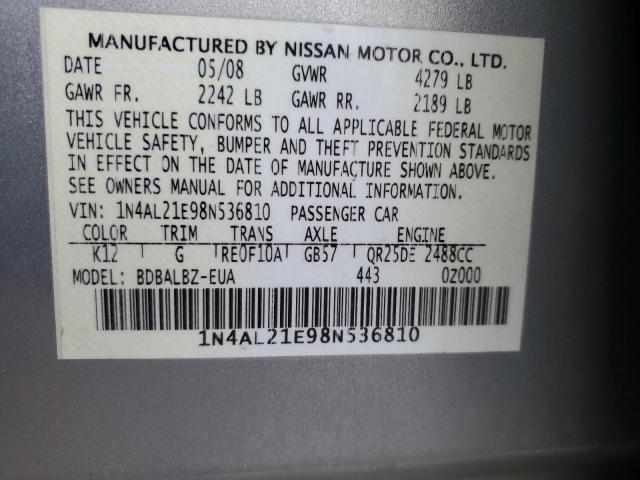 1N4AL21E98N536810 - 2008 NISSAN ALTIMA 2.5 SILVER photo 12