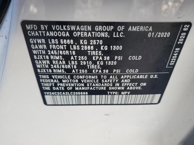 1V24C2CA2LC205698 - 2020 VOLKSWAGEN ATLAS CROS SE WHITE photo 13