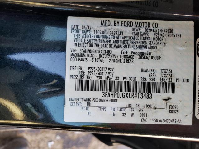 3FAHP0JGXCR413483 - 2012 FORD FUSION SEL BLACK photo 12