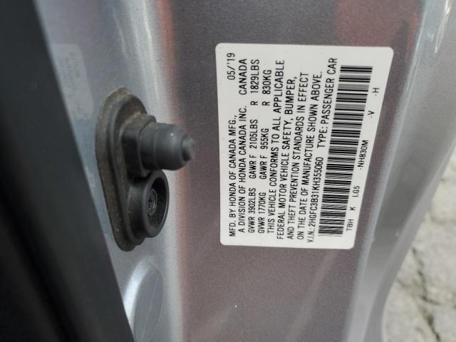 2HGFC3B31KH355060 - 2019 HONDA CIVIC EX GRAY photo 12