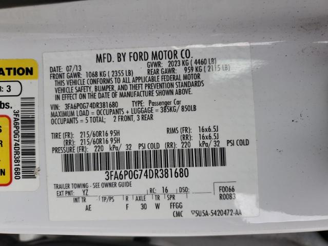 3FA6P0G74DR381680 - 2013 FORD FUSION S WHITE photo 12