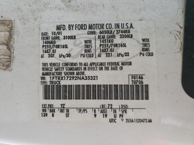 1FTRX17292NA35321 - 2002 FORD F150 WHITE photo 13