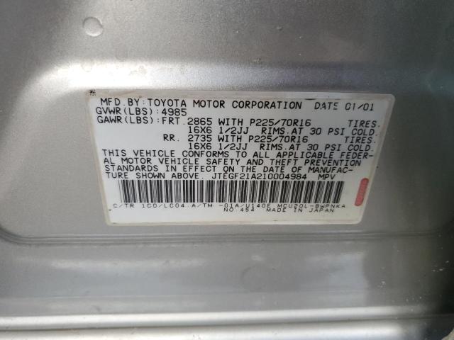 JTEGF21A210004984 - 2001 TOYOTA HIGHLANDER SILVER photo 13