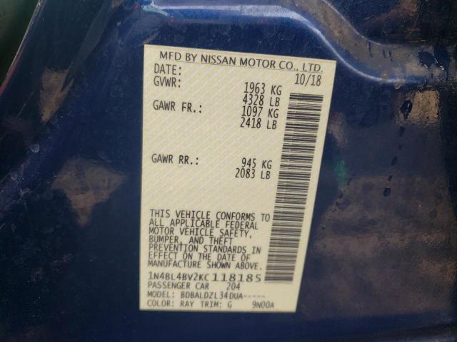 1N4BL4BV2KC118185 - 2019 NISSAN ALTIMA S BLUE photo 12