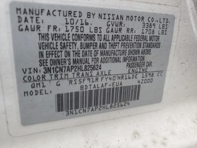 3N1CN7AP2HL825624 - 2017 NISSAN VERSA S WHITE photo 12