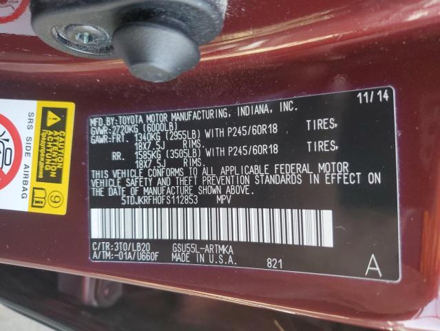 5TDJKRFH0FS112853 - 2015 TOYOTA HIGHLANDER XLE 灰色 照片 13