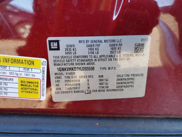 1GNKVHKD7HJ265598 - 2017 CHEVROLET TRAVERSE LT BURGUNDY photo 14