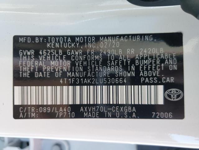 4T1F31AK2LU530664 - 2020 TOYOTA CAMRY XLE WHITE photo 12