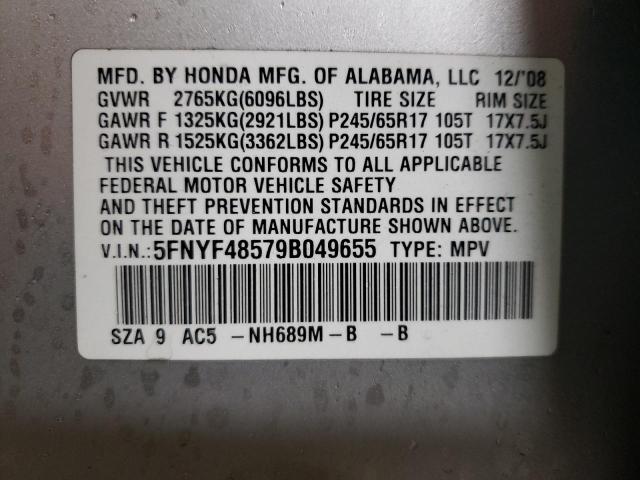 5FNYF48579B049655 - 2009 HONDA PILOT EXL SILVER photo 13