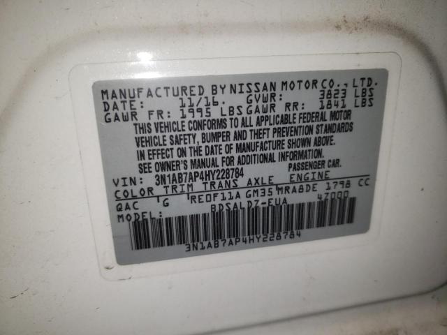 3N1AB7AP4HY228784 - 2017 NISSAN SENTRA S WHITE photo 13