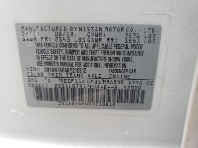 3N1AB7AP4KY210812 - 2019 NISSAN SENTRA S WHITE photo 12