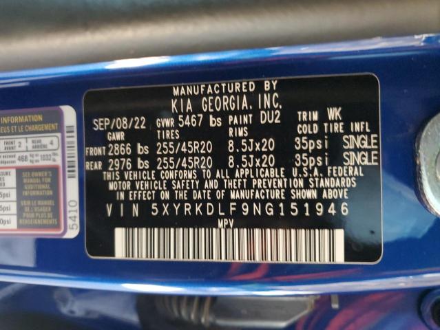 5XYRKDLF9NG151946 - 2022 KIA SORENTO SX BLUE photo 13