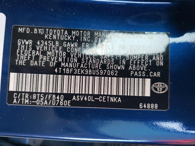 4T1BF3EK9BU597062 - 2011 TOYOTA CAMRY BASE BLUE photo 12