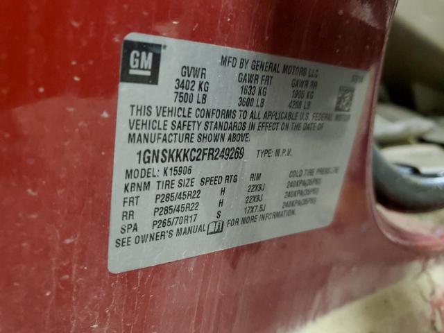 1GNSKKKC2FR249269 - 2015 CHEVROLET SUBURBAN K1500 LTZ RED photo 14