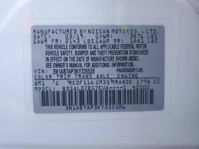 3N1AB7AP3KY335526 - 2019 NISSAN SENTRA S WHITE photo 12