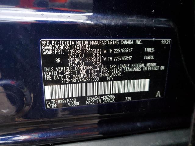 2T3P1RFV4MW238339 - 2021 TOYOTA RAV4 XLE BLUE photo 13