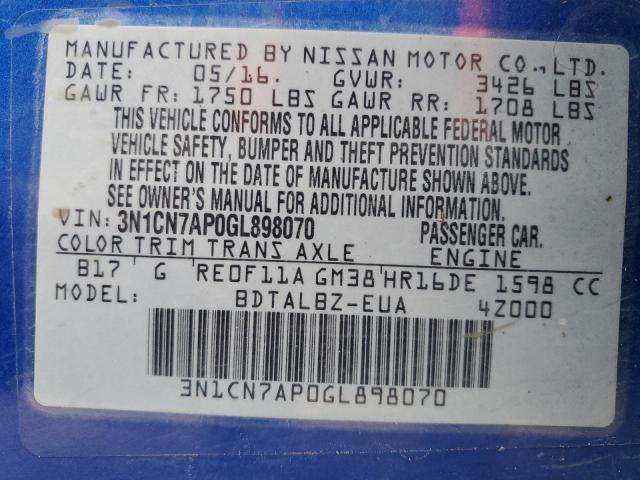 3N1CN7AP0GL898070 - 2016 NISSAN VERSA S BLUE photo 13