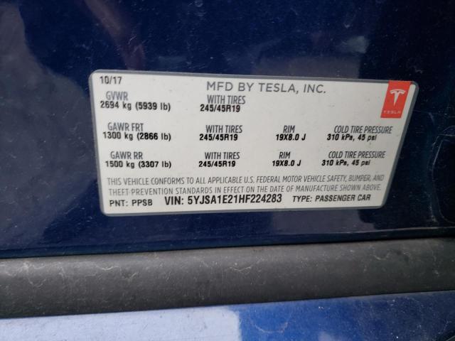 5YJSA1E21HF224283 - 2017 TESLA MODEL S ლურჯი ფოტო 12