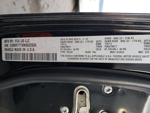 1C6RR7TTXMS522034 - 2021 RAM 1500 CLASS SLT შავი ფოტო 12