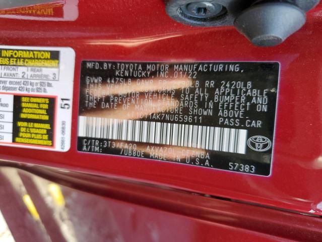 4T1C11AK7NU659611 - 2022 TOYOTA CAMRY LE RED photo 12