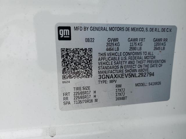 3GNAXKEV5NL292794 - 2022 CHEVROLET EQUINOX LT WHITE photo 13