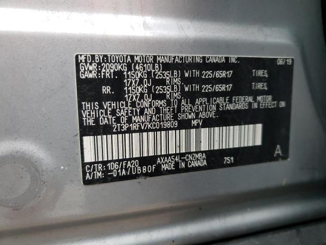 2T3P1RFV7KC019809 - 2019 TOYOTA RAV4 XLE SILVER photo 13