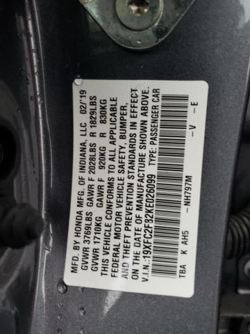 19XFC2F82KE026099 - 2019 HONDA CIVIC SPORT GRAY photo 12