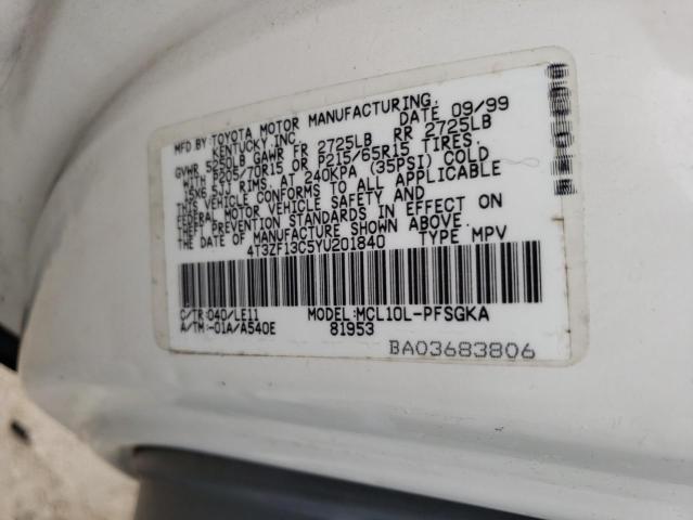 4T3ZF13C5YU201840 - 2000 TOYOTA SIENNA LE WHITE photo 13