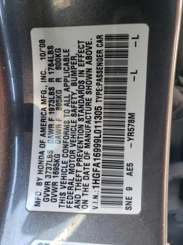 1HGFA16999L011305 - 2009 HONDA CIVIC EXL ნაცრისფერი ფოტო 12