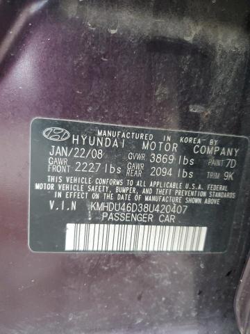 KMHDU46D38U420407 - 2008 HYUNDAI ELANTRA GLS PURPLE photo 12