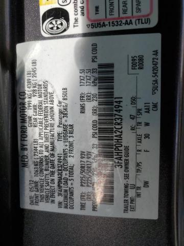 3FAHP0HA2CR374941 - 2012 FORD FUSION SE GRAY photo 12