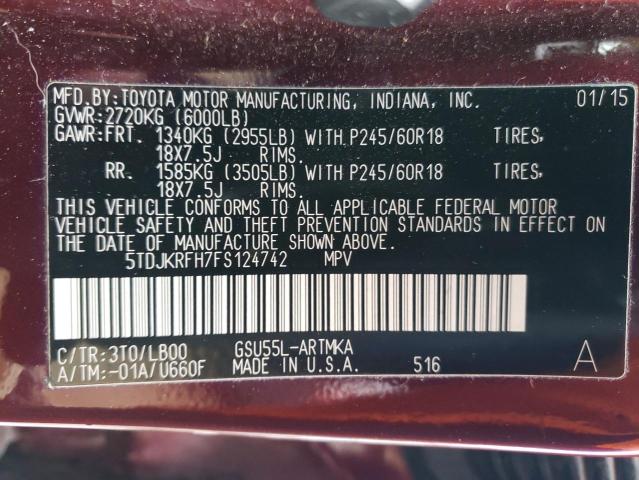 5TDJKRFH7FS124742 - 2015 TOYOTA HIGHLANDER XLE MAROON photo 14