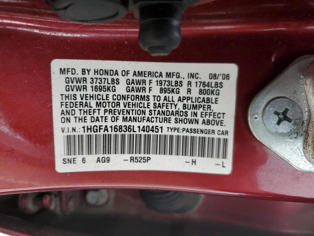 1HGFA16836L140451 - 2006 HONDA CIVIC EX RED photo 12