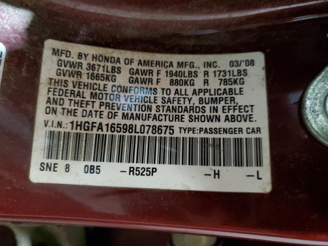 1HGFA16598L078675 - 2008 HONDA CIVIC LX BURGUNDY photo 12