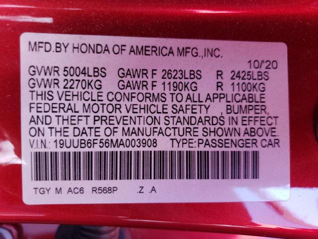 19UUB6F56MA003908 - 2021 ACURA TLX TECH A RED photo 13