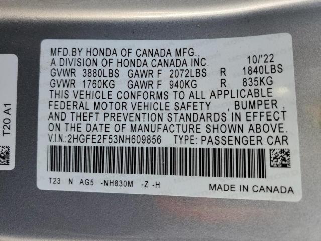 2HGFE2F53NH609856 - 2022 HONDA CIVIC SPORT 灰色 照片 12