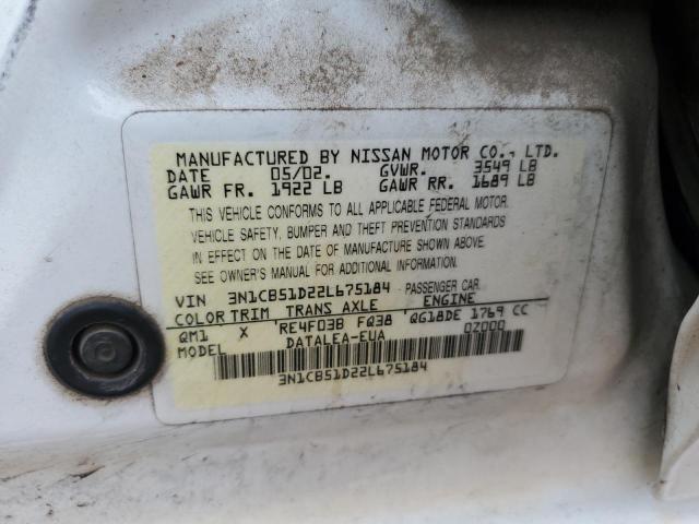 3N1CB51D22L675184 - 2002 NISSAN SENTRA XE WHITE photo 12