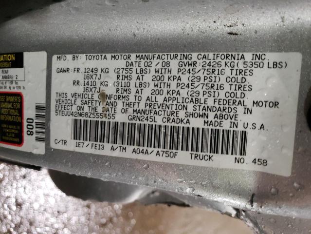 5TEUU42N68Z555455 - 2008 TOYOTA TACOMA ACCESS CAB ვერცხლისფერი ფოტო 12