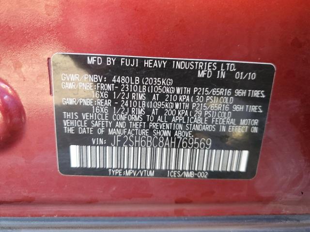 JF2SH6BC8AH769569 - 2010 SUBARU FORESTER XS Bordeaux Foto 12
