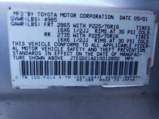 JTEGD21A210012850 - 2001 TOYOTA HIGHLANDER SILVER photo 12